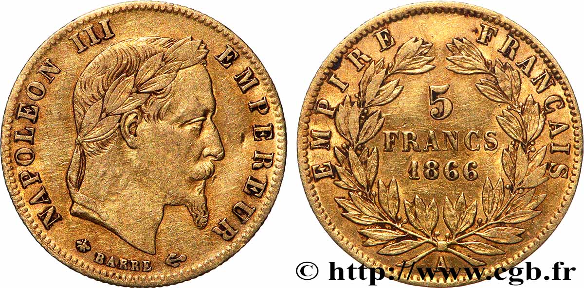 5 francs or Napoléon III, tête laurée 1866 Paris F.502/9 fSS