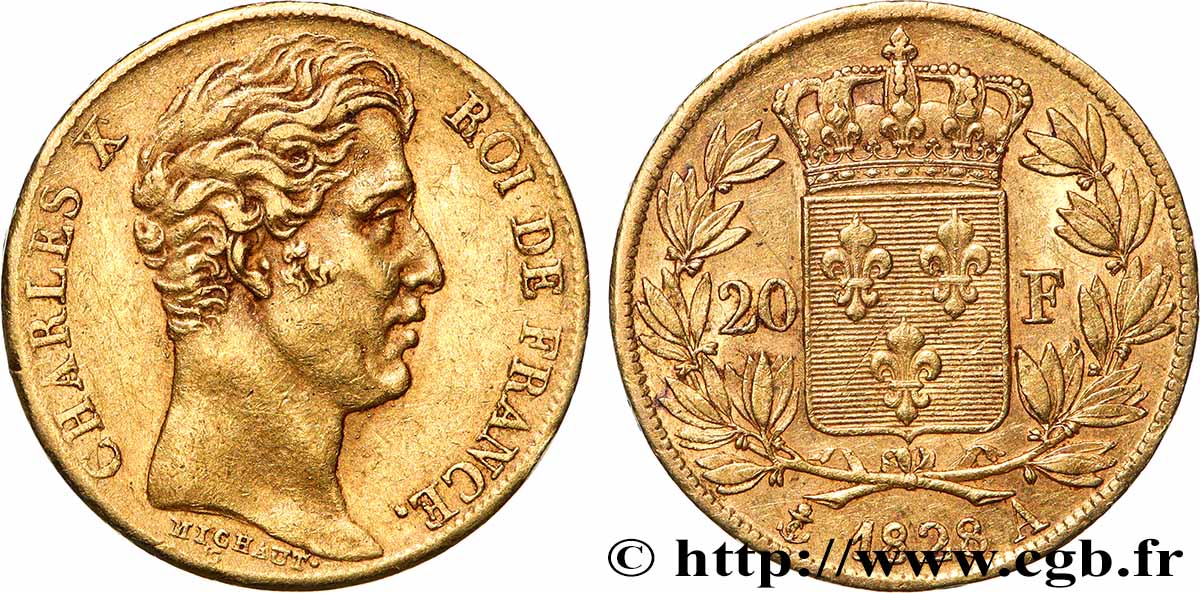 20 francs or Charles X, matrice du revers à quatre feuilles et demie 1828 Paris F.520/8 fVZ