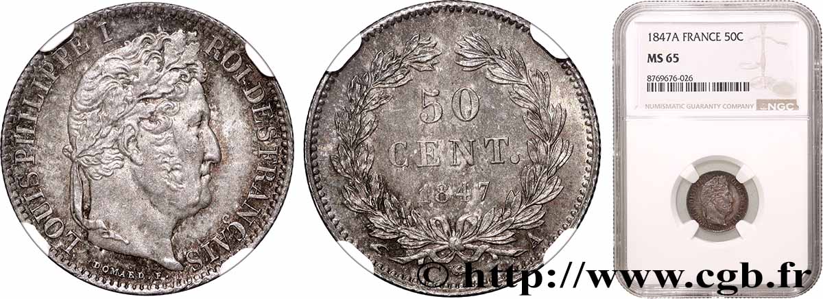 50 centimes Louis-Philippe 1847 Paris F.183/13 ST65 NGC