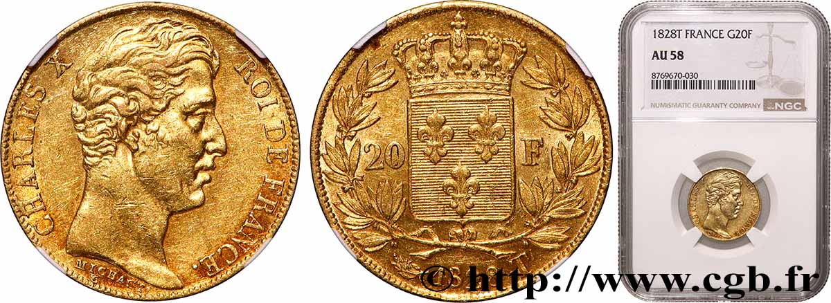 20 francs or Charles X 1828 Nantes F.520/9 SPL58 NGC