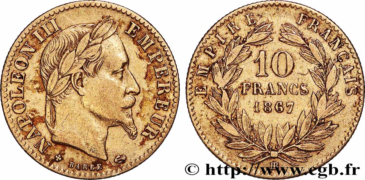 10 francs or Napoléon III, tête laurée 1867 Strasbourg F.507A/16 TB+