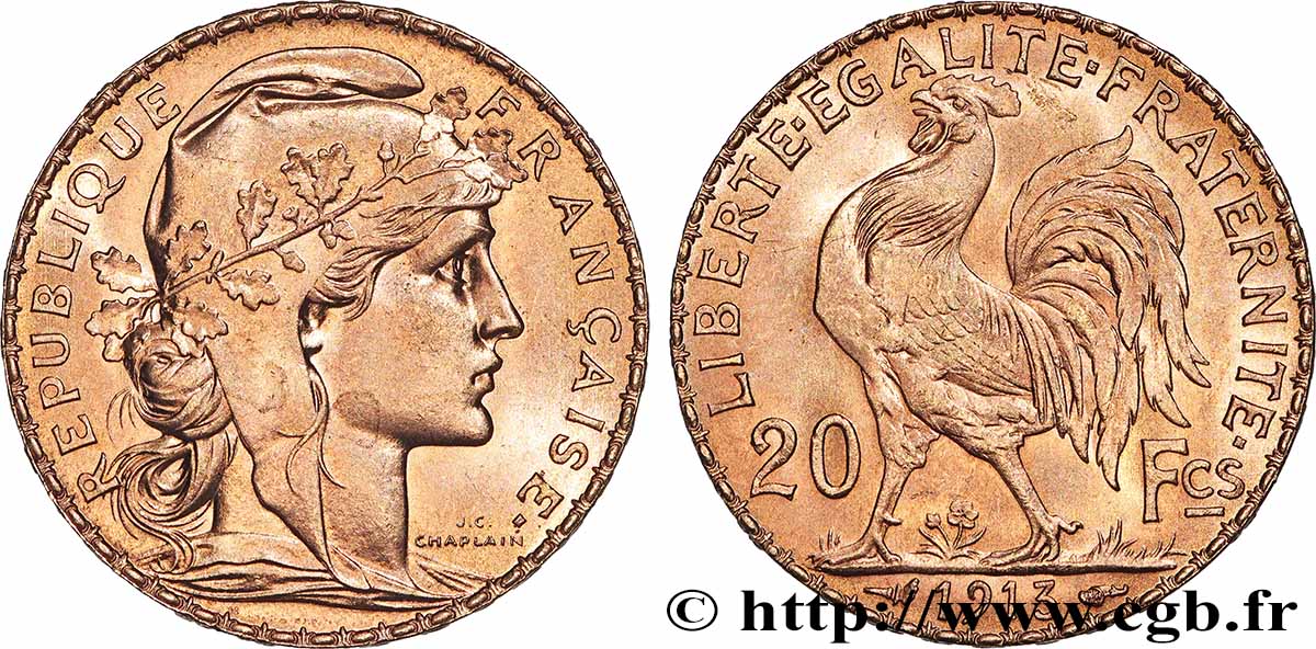 20 francs or Coq, Liberté Égalité Fraternité 1913 Paris F.535/7 SUP+