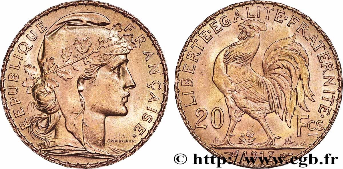 20 francs or Coq, Liberté Égalité Fraternité 1913 Paris F.535/7 SUP+