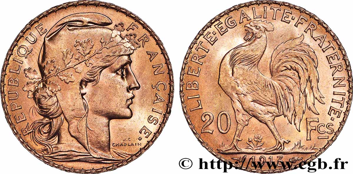 20 francs or Coq, Liberté Égalité Fraternité 1913 Paris F.535/7 SUP+