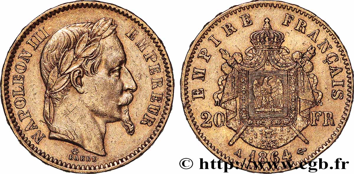 20 francs or Napoléon III, tête laurée 1864 Paris F.532/8 TTB
