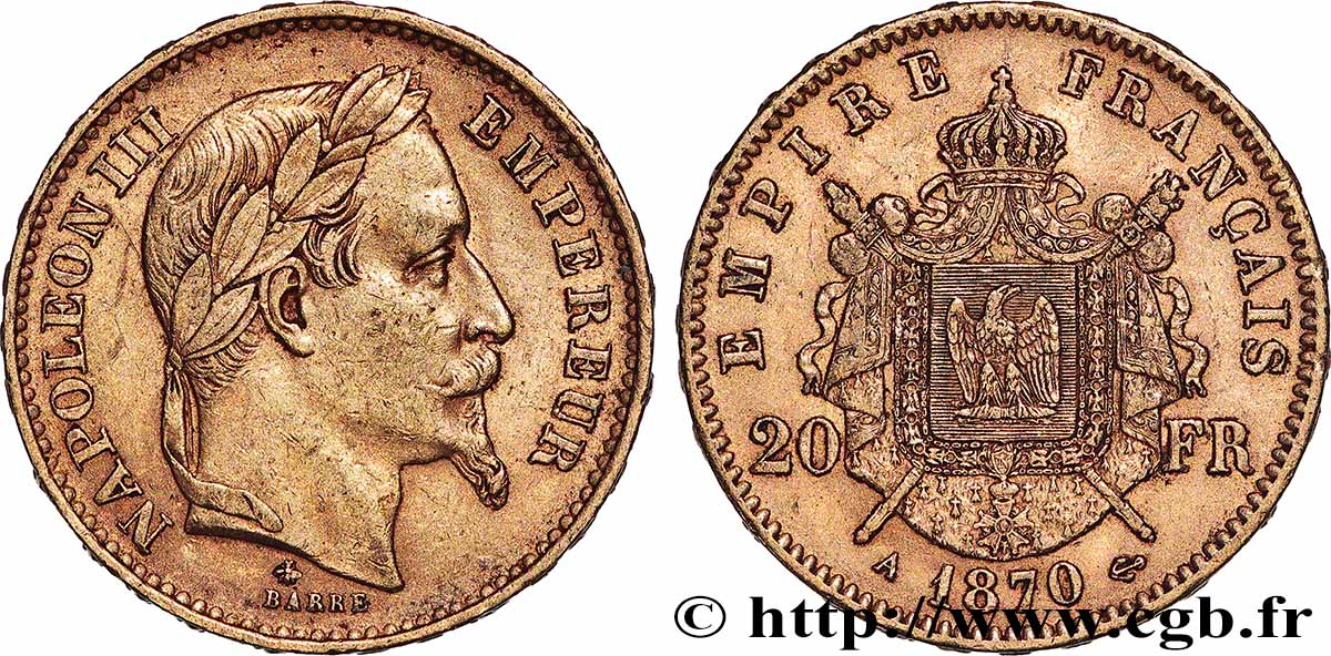 20 francs or Napoléon III, tête laurée 1870 Paris F.532/23 TTB