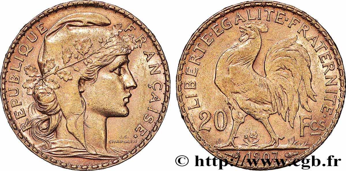 20 francs or Coq, Liberté Égalité Fraternité 1907 Paris F.535/1 AU