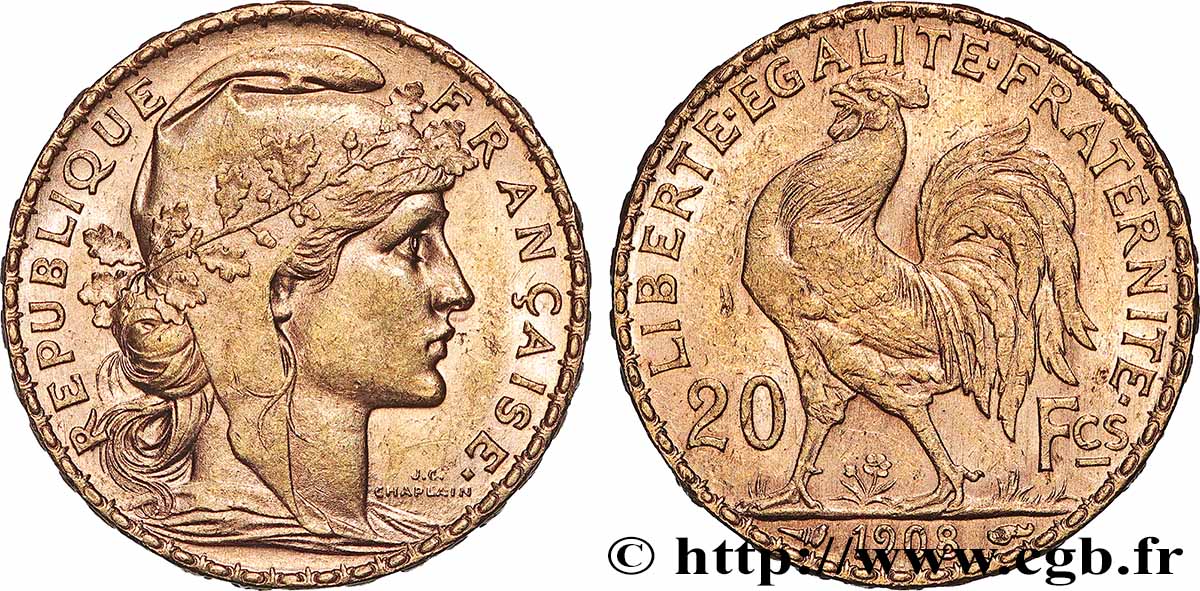 20 francs or Coq, Liberté Égalité Fraternité 1908 Paris F.535/2 SUP