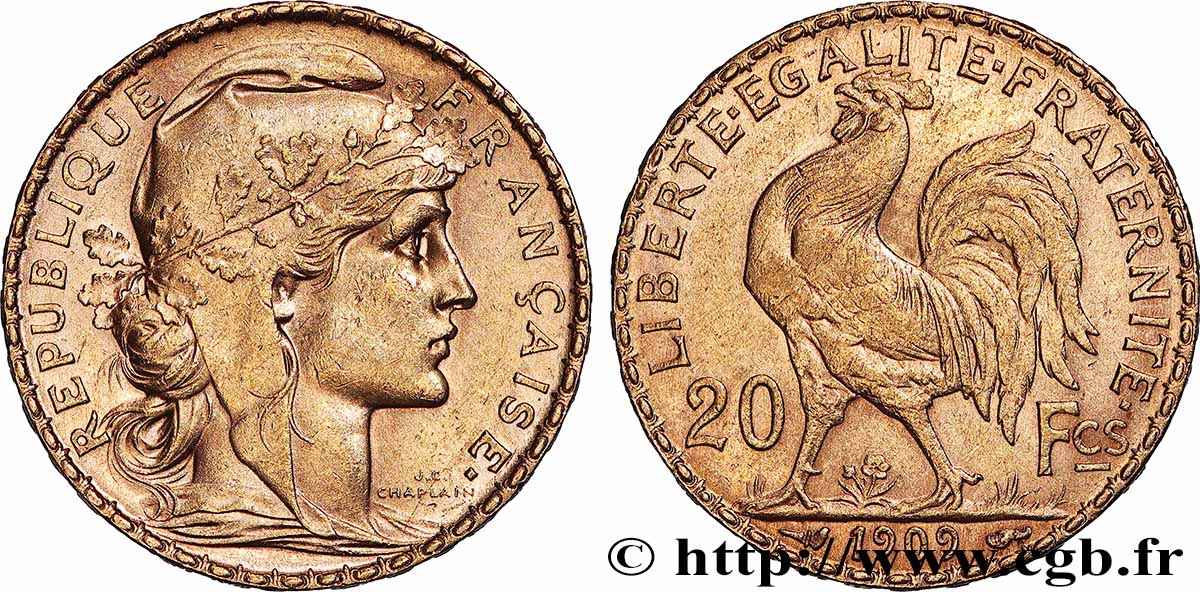 20 francs or Coq, Liberté Égalité Fraternité 1909 Paris F.535/3 SUP