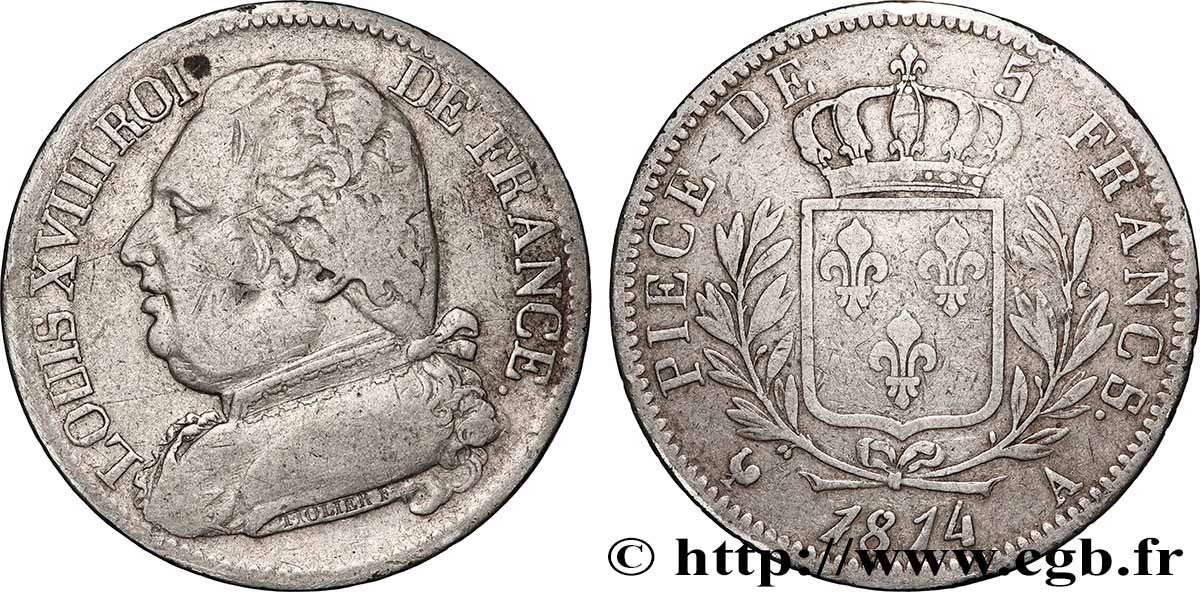5 francs Louis XVIII, buste habillé 1814 Paris F.308/1 TB+