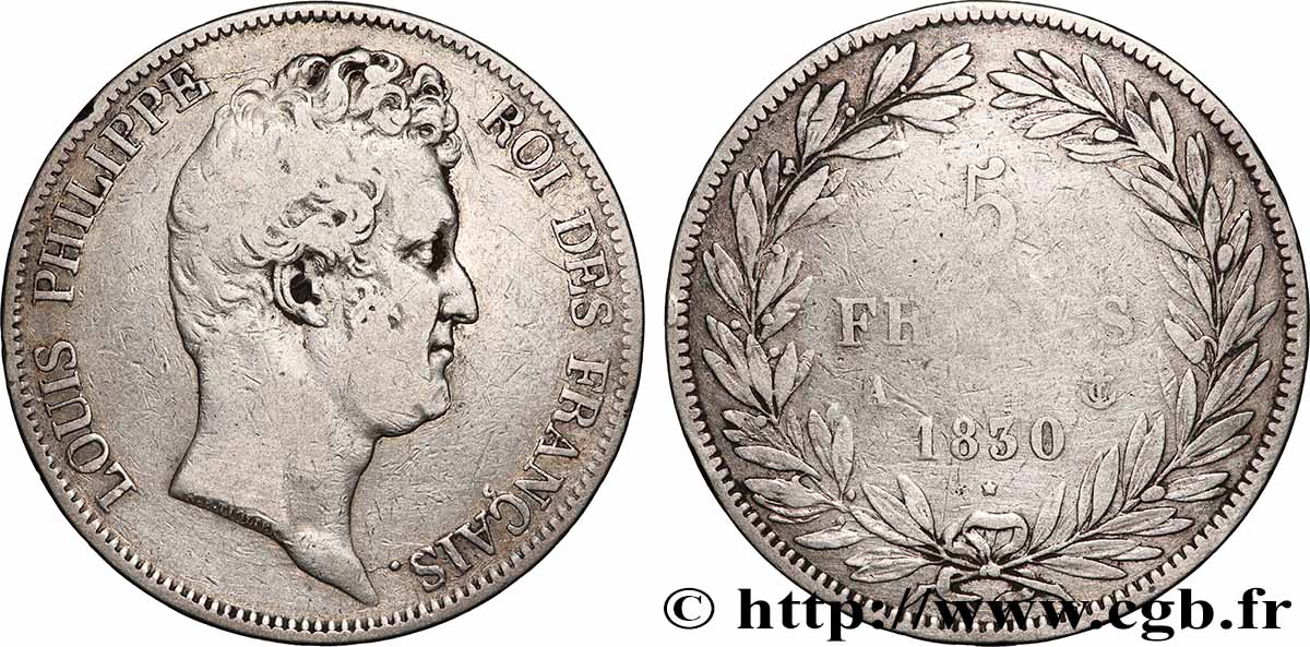 5 francs type Tiolier sans le I, tranche en creux 1830 Paris F.313/1 TB