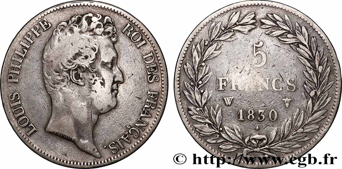 5 francs type Tiolier sans le I, tranche en creux 1830 Lille F.313/4 TB