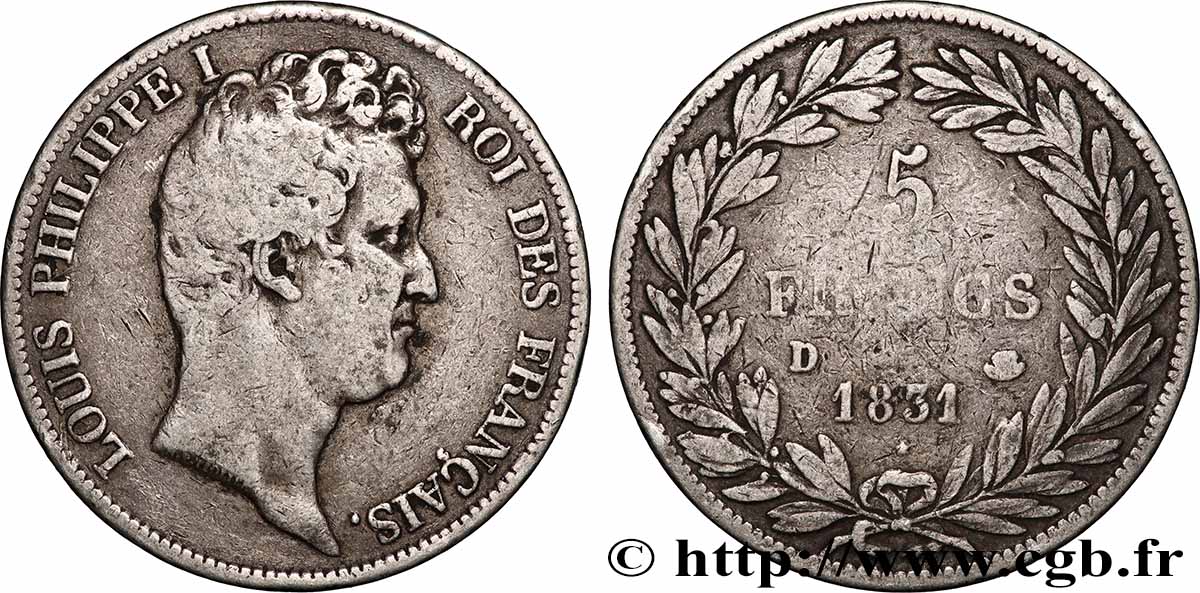 5 francs type Tiolier avec le I, tranche en creux 1831 Lyon F.315/17 TB