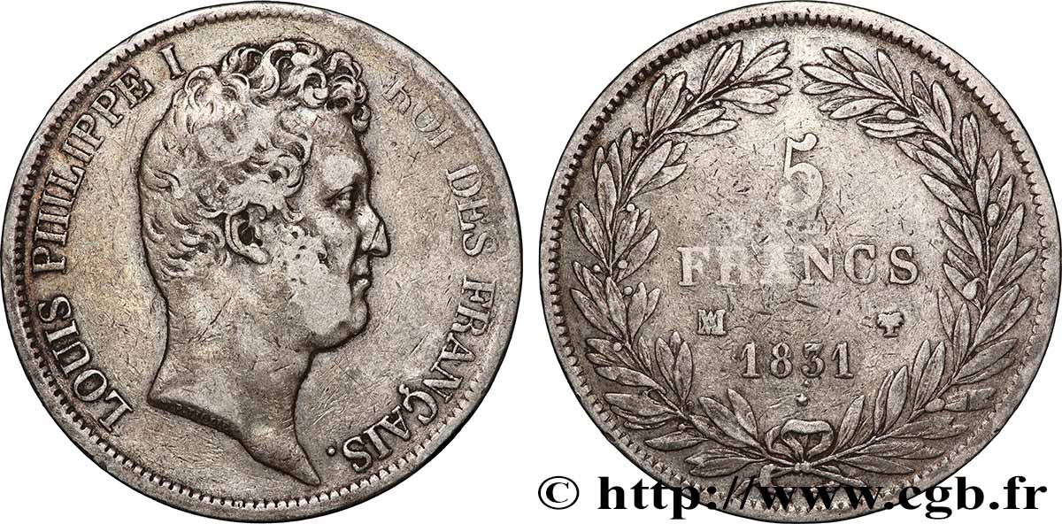 5 francs type Tiolier avec le I, tranche en creux 1831 Marseille F.315/23 TB+