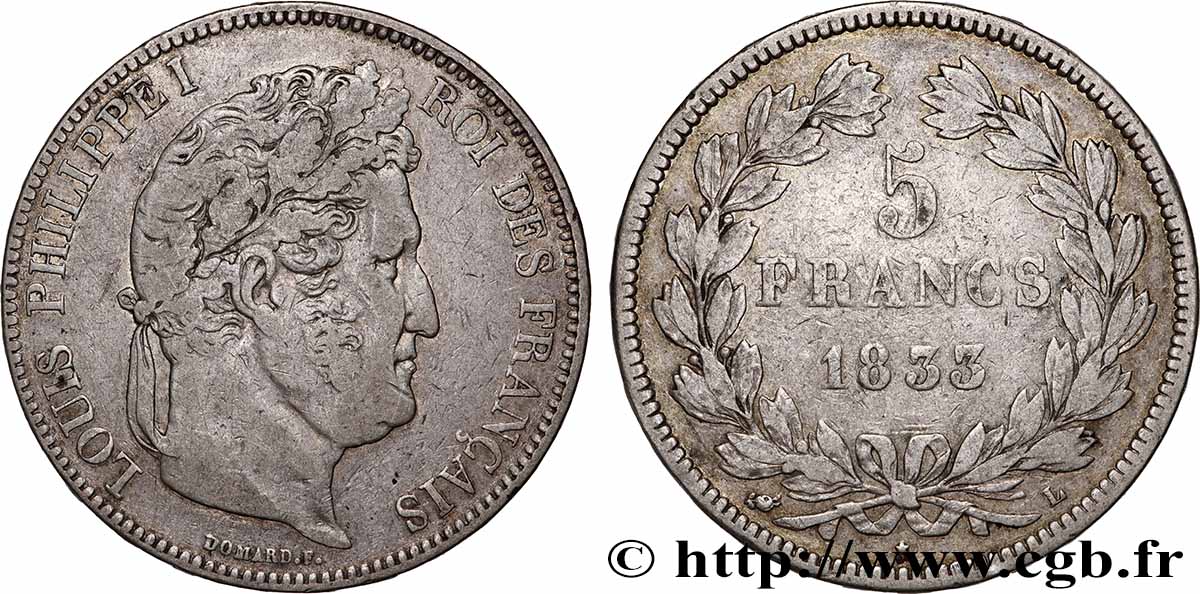 5 francs IIe type Domard 1833 Bayonne F.324/22 TB+