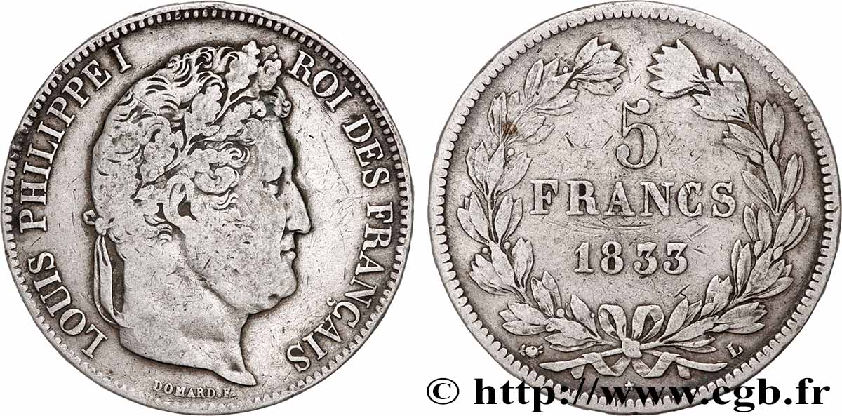 5 francs IIe type Domard 1833 Bayonne F.324/22 TB+