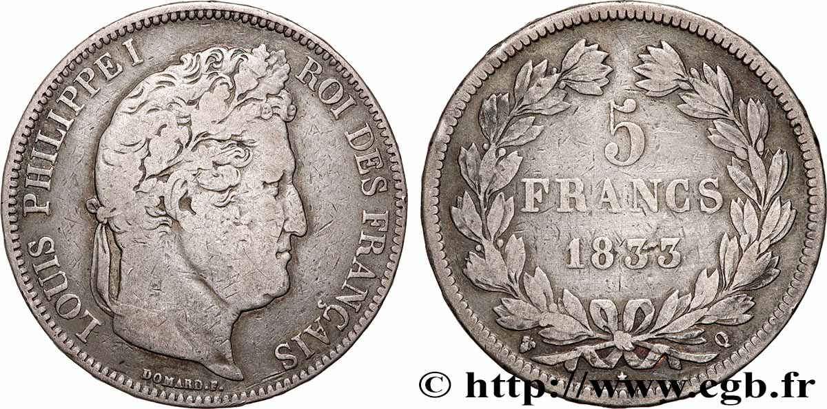 5 francs IIe type Domard 1833 Perpignan F.324/25 TB