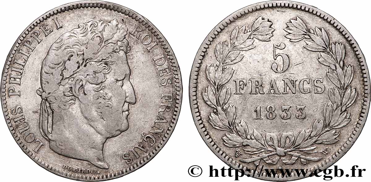 5 francs IIe type Domard 1833 Lille F.324/28 TB