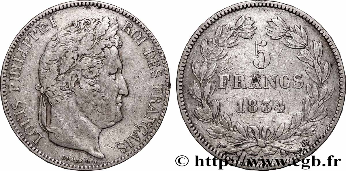 5 francs IIe type Domard 1834 Strasbourg F.324/31 TB+