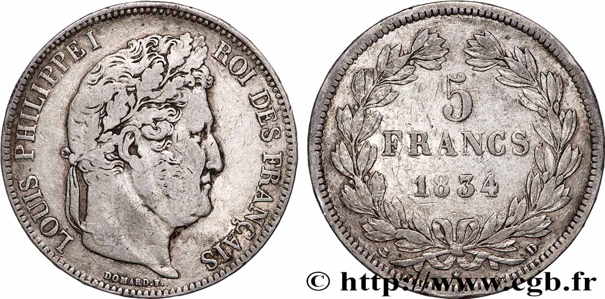 5 francs IIe type Domard 1834 Lyon F.324/32 S