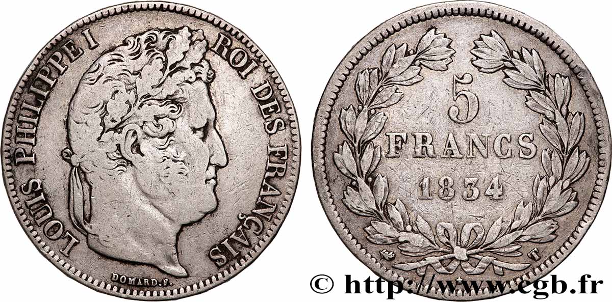 5 francs IIe type Domard 1834 Nantes F.324/40 TB