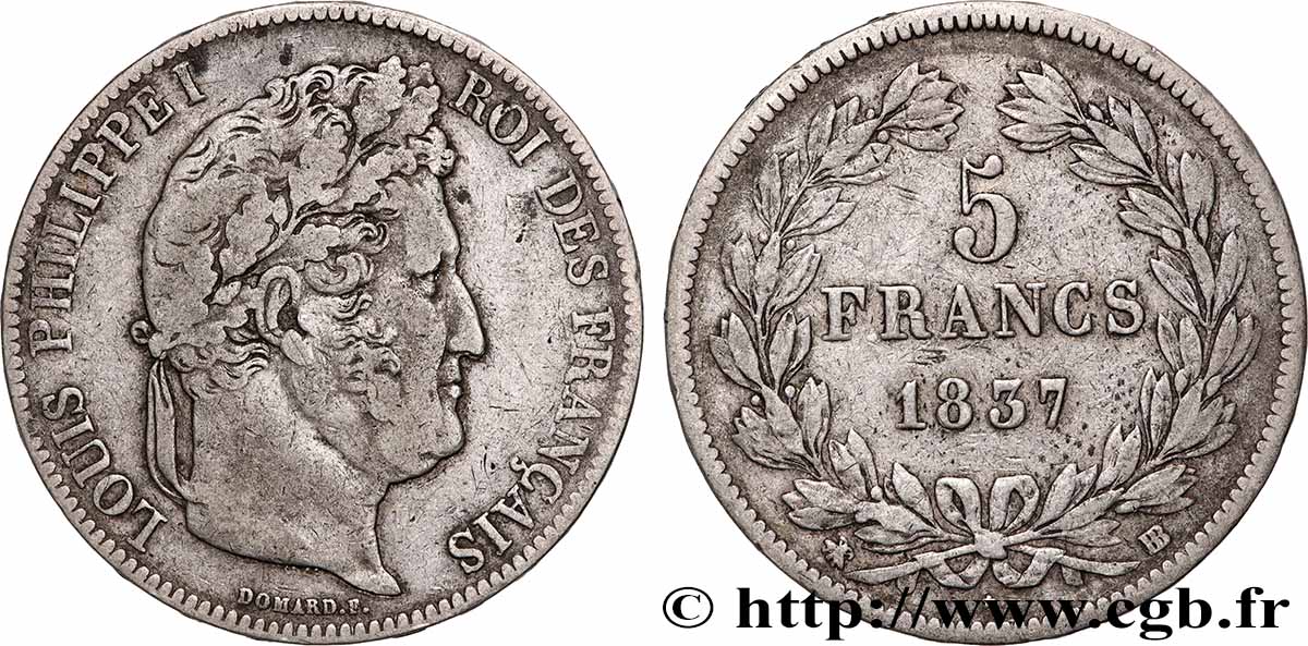 5 francs IIe type Domard 1837 Strasbourg F.324/63 TB