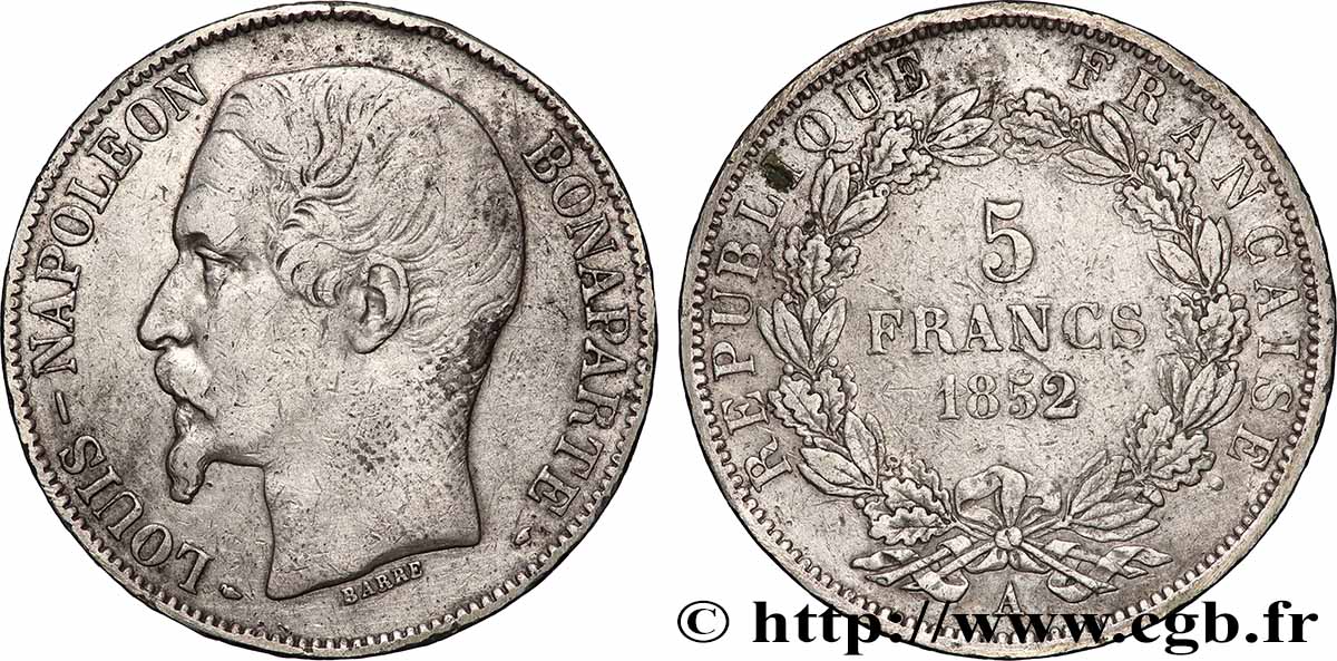 5 francs Louis-Napoléon, 1er type 1852 Paris F.329/1 TB