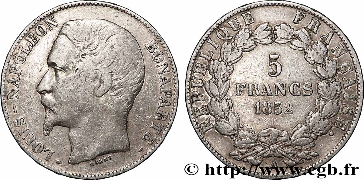 5 francs Louis-Napoléon, 2ème type 1852 Paris F.329/2 TB
