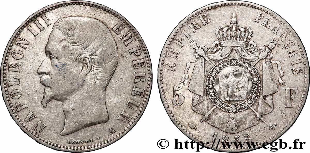 5 francs Napoléon III, tête nue 1855 Paris F.330/3 TB