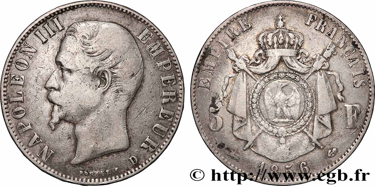 5 francs Napoléon III, tête nue 1856 Lyon F.330/9 TB
