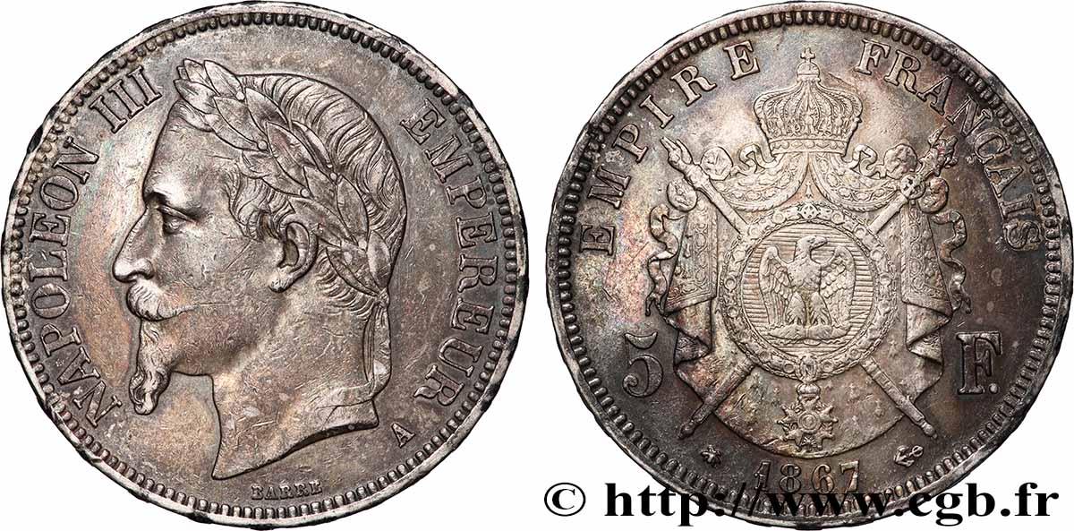 5 francs Napoléon III, tête laurée 1867 Paris F.331/10 TTB