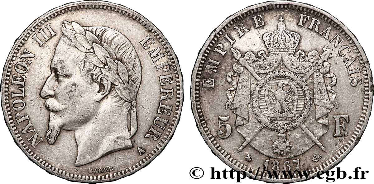 5 francs Napoléon III, tête laurée 1867 Paris F.331/10 TB+