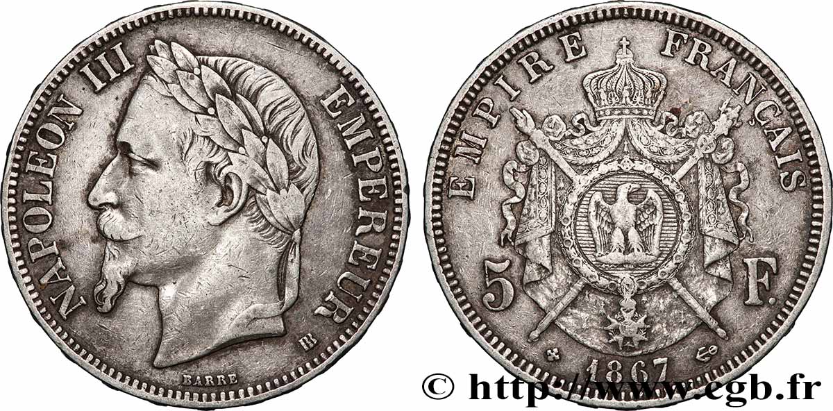 5 francs Napoléon III, tête laurée 1867 Strasbourg F.331/11 TB+