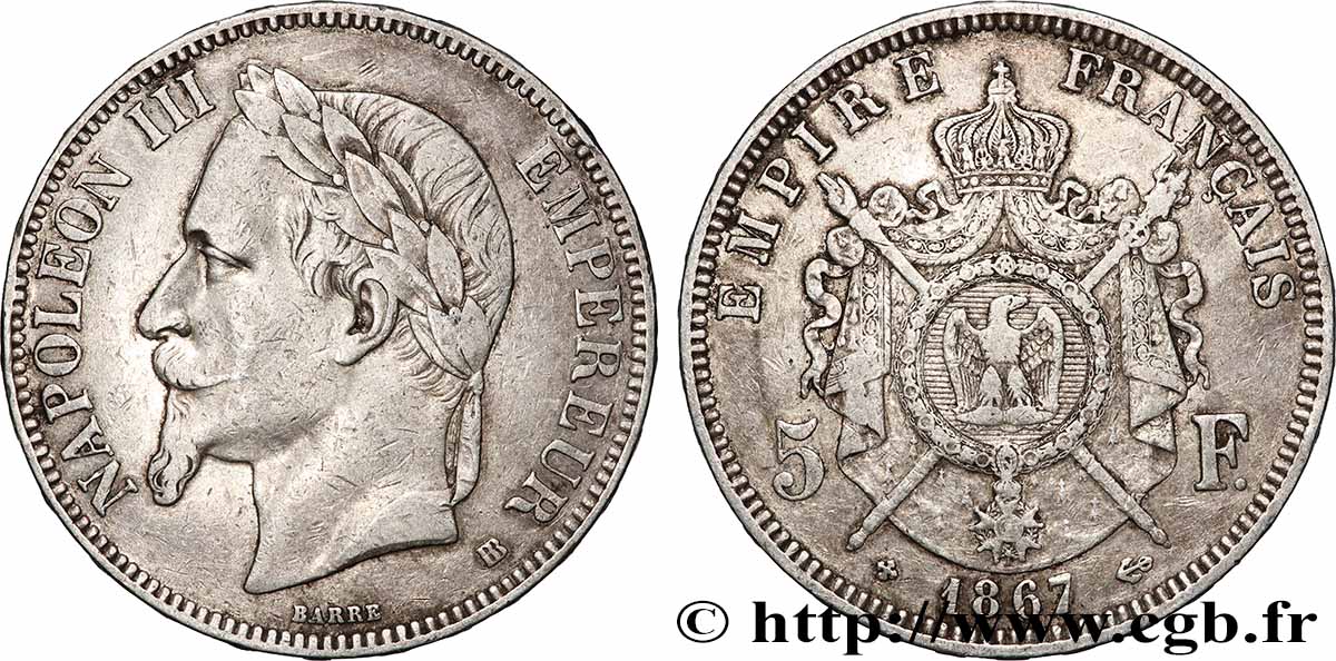 5 francs Napoléon III, tête laurée 1867 Strasbourg F.331/11 BC+