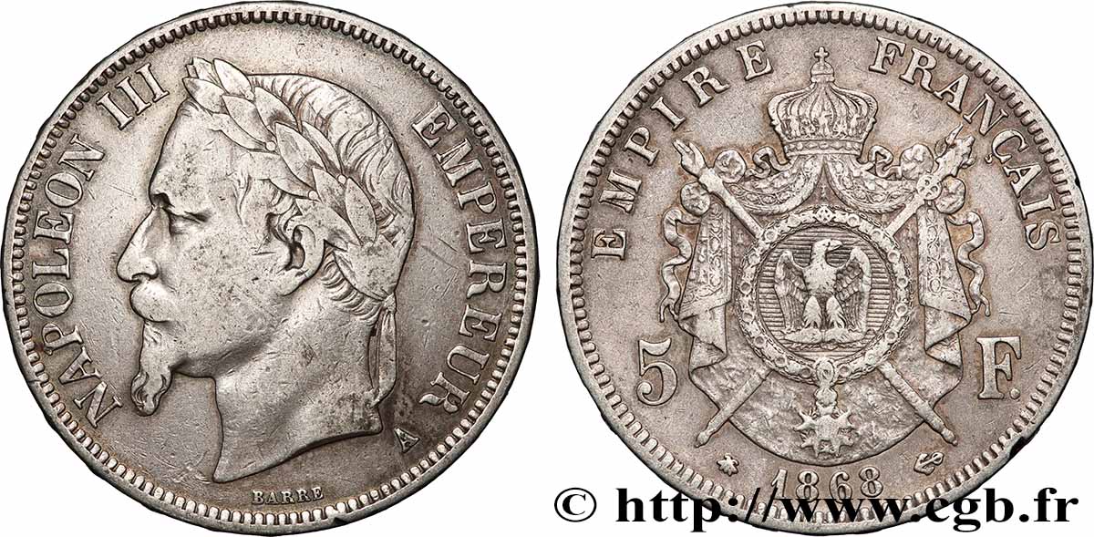 5 francs Napoléon III, tête laurée 1868 Paris F.331/12 TB