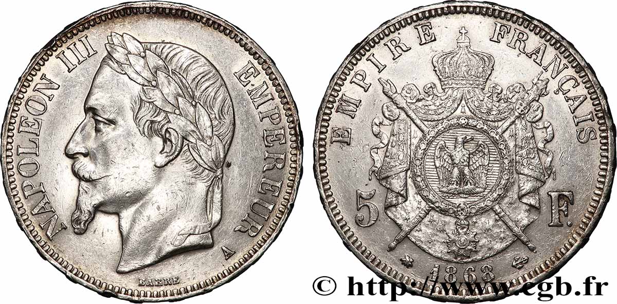 5 francs Napoléon III, tête laurée 1868 Paris F.331/12 TTB