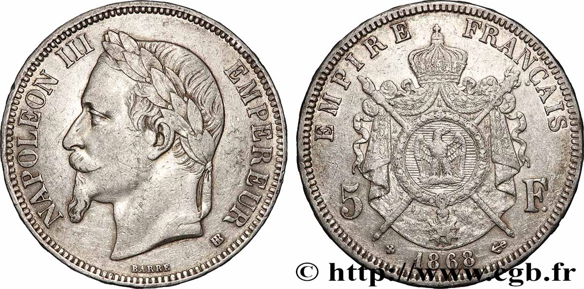 5 francs Napoléon III, tête laurée 1868 Strasbourg F.331/13 TB+