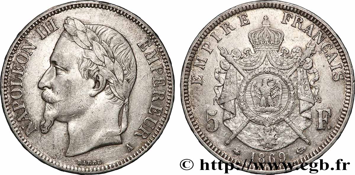 5 francs Napoléon III, tête laurée 1869 Paris F.331/14 TB+