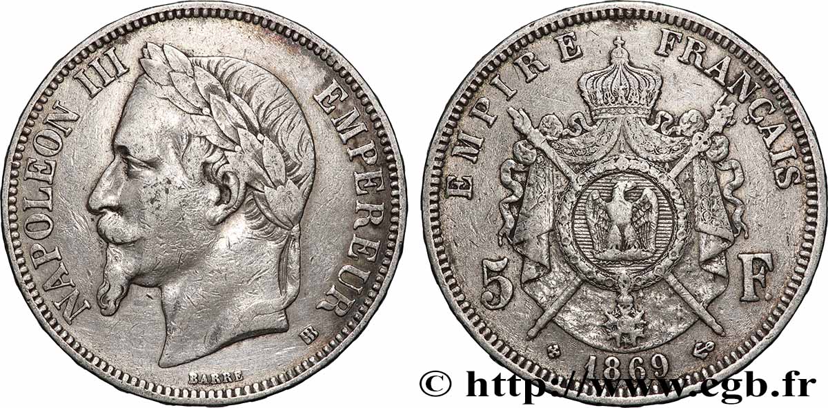 5 francs Napoléon III, tête laurée 1869 Strasbourg F.331/15 TB