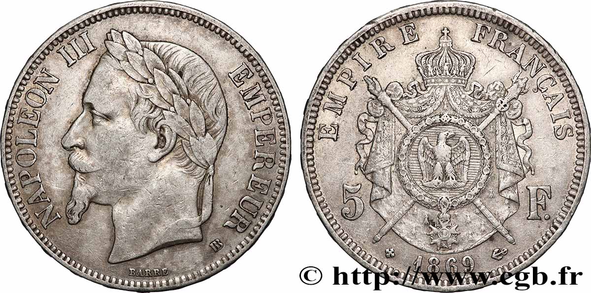 5 francs Napoléon III, tête laurée 1869 Strasbourg F.331/15 TB
