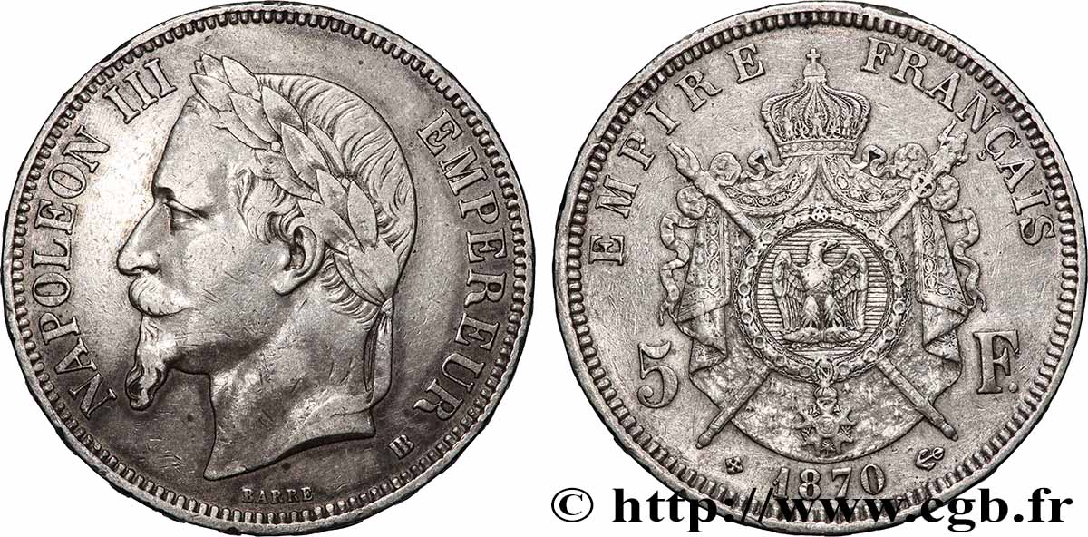 5 francs Napoléon III, tête laurée 1870 Strasbourg F.331/17 TB+