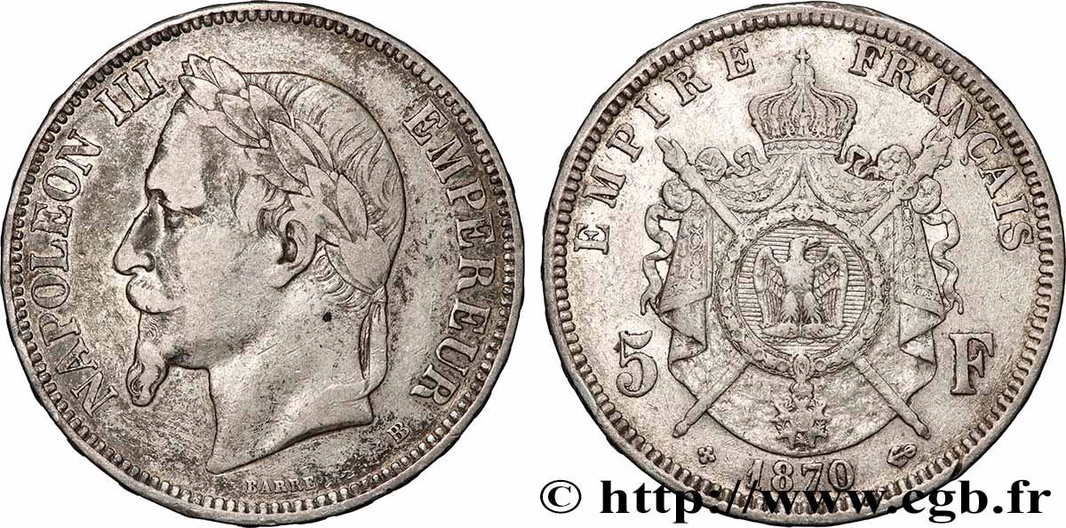 5 francs Napoléon III, tête laurée 1870 Strasbourg F.331/17 BC