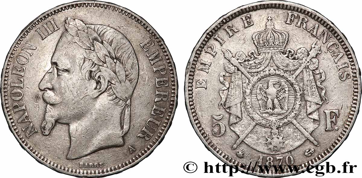5 francs Napoléon III, tête laurée 1870 Paris F.331/16 TB