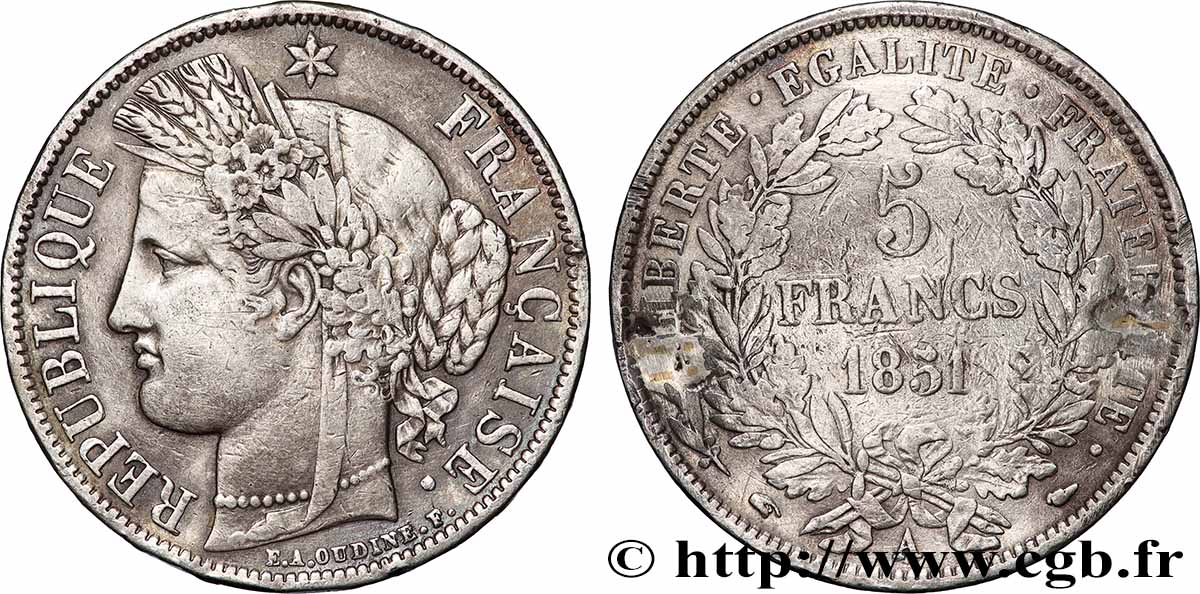 5 francs Cérès, IIe République 1851 Paris F.327/7 q.BB