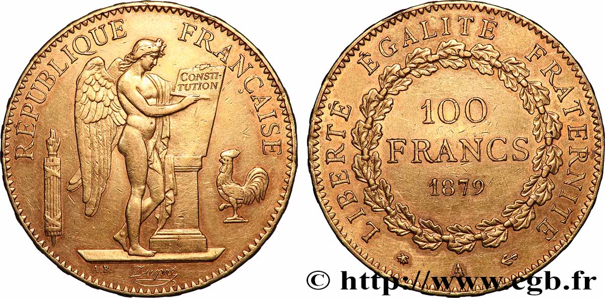 100 francs or Génie, tranche inscrite en relief Dieu protège la France 1879 Paris F.552/2 TTB+
