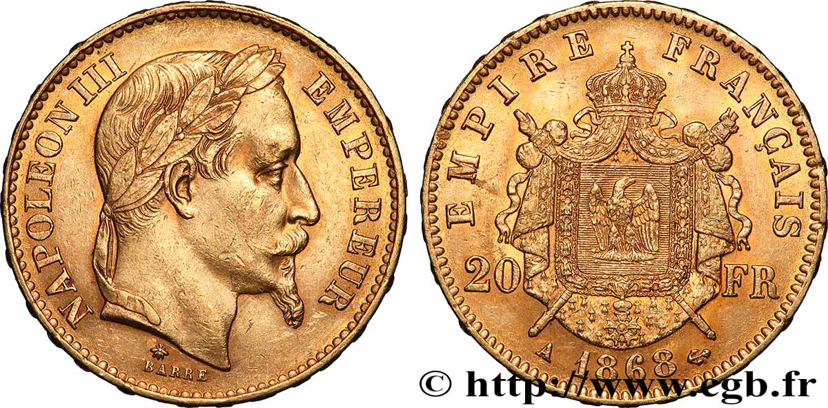 20 francs or Napoléon III, tête laurée 1868 Paris F.532/18 SUP