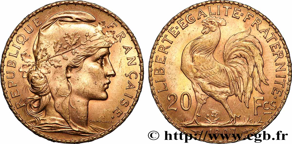20 francs or Coq, Liberté Égalité Fraternité 1907 Paris F.535/1 VZ