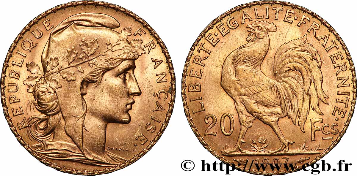 20 francs or Coq, Liberté Égalité Fraternité 1907 Paris F.535/1 VZ