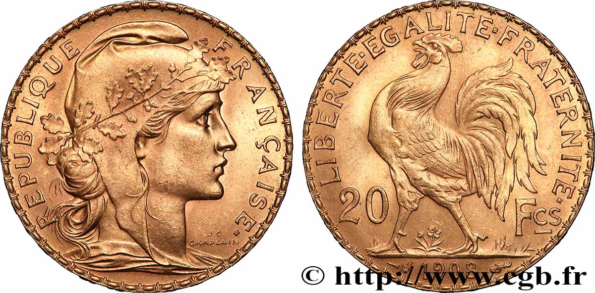 20 francs or Coq, Liberté Égalité Fraternité 1908 Paris F.535/2 SUP