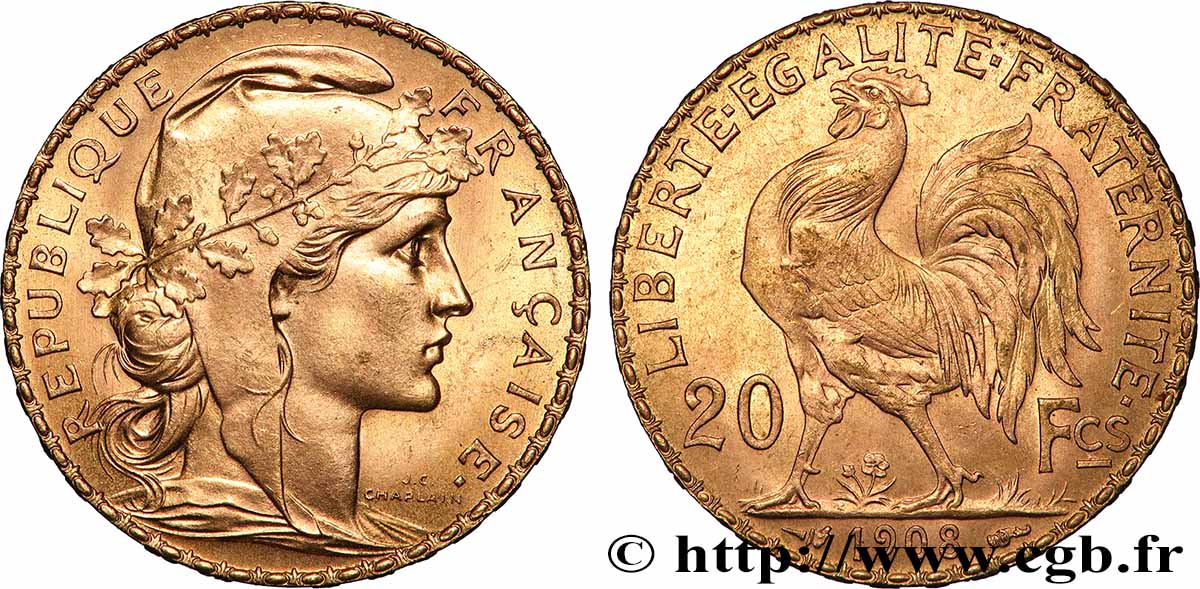 20 francs or Coq, Liberté Égalité Fraternité 1908 Paris F.535/2 SUP